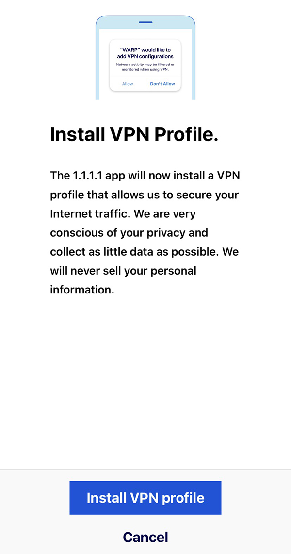 Chọn " Install VPN Profile" và cho phép thêm cầu hình để bắt đầu cài đặt.